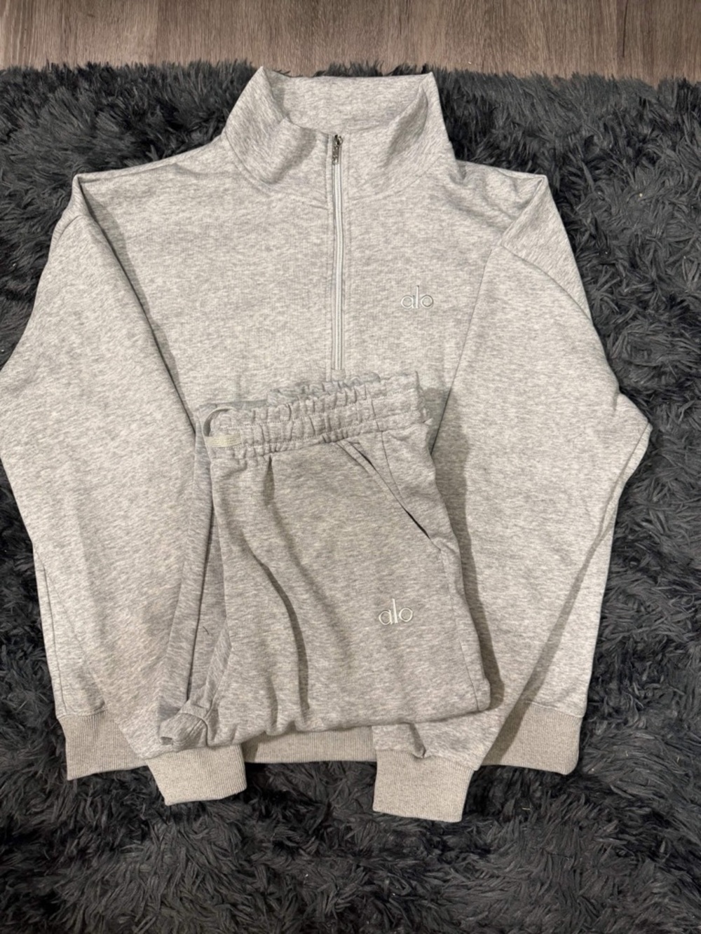ALO Yoga Light Heather Gray Zip Pullover & Joggers Set